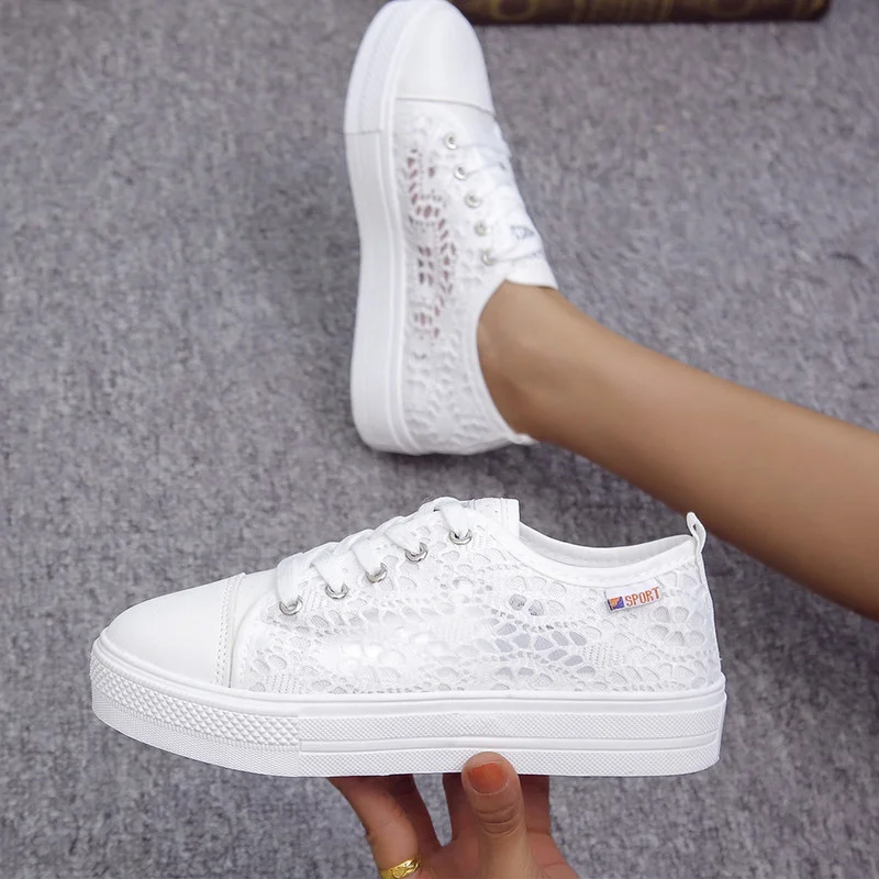 Top Trends: Women Shoes 2022 Fashion Summer Casual White Shoes Cutouts Lace Canvas Hollow Breathable Platform Flat Shoes Woman Sneakers Shoppable Styles