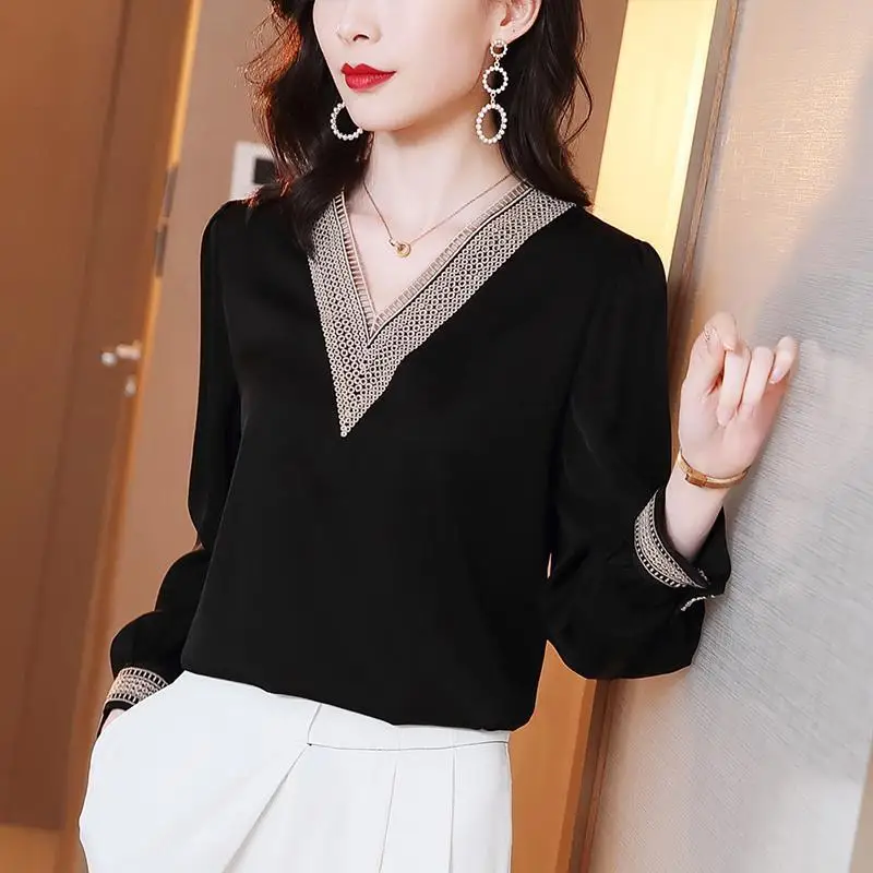 Top Trends: Embroidery Hollow Elegant Fashion V-neck Out Dignified Shirt New Summer Autumn 2023 Long Sleeve Solid Color Women's Clothing Shoppable Styles