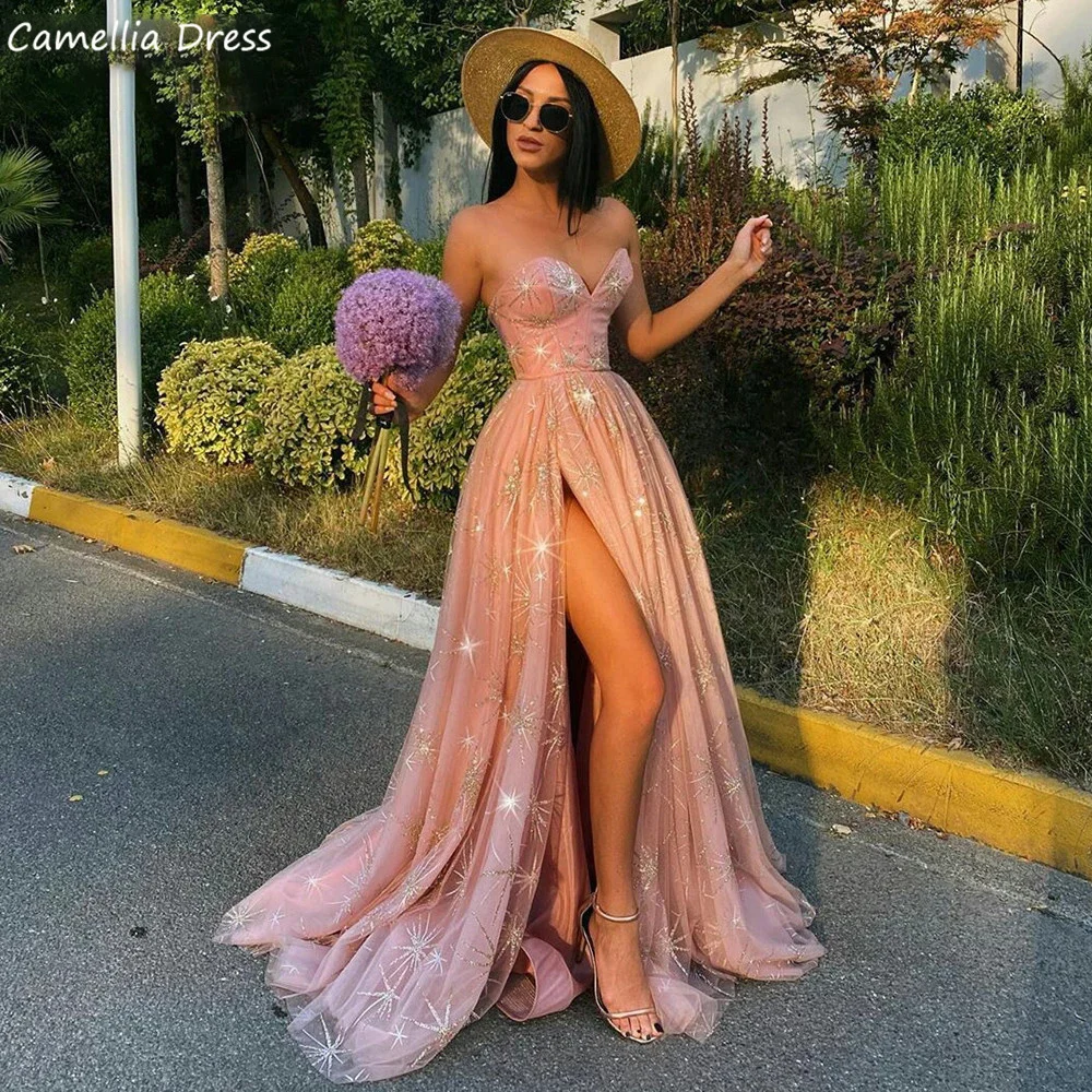 Top Trends: Glitter Pink Prom Dress Strapless Sleeveless High Split Prom Dresses Woman Party Night Floor Length Robe De Soiree فستان سهرة Shoppable Styles