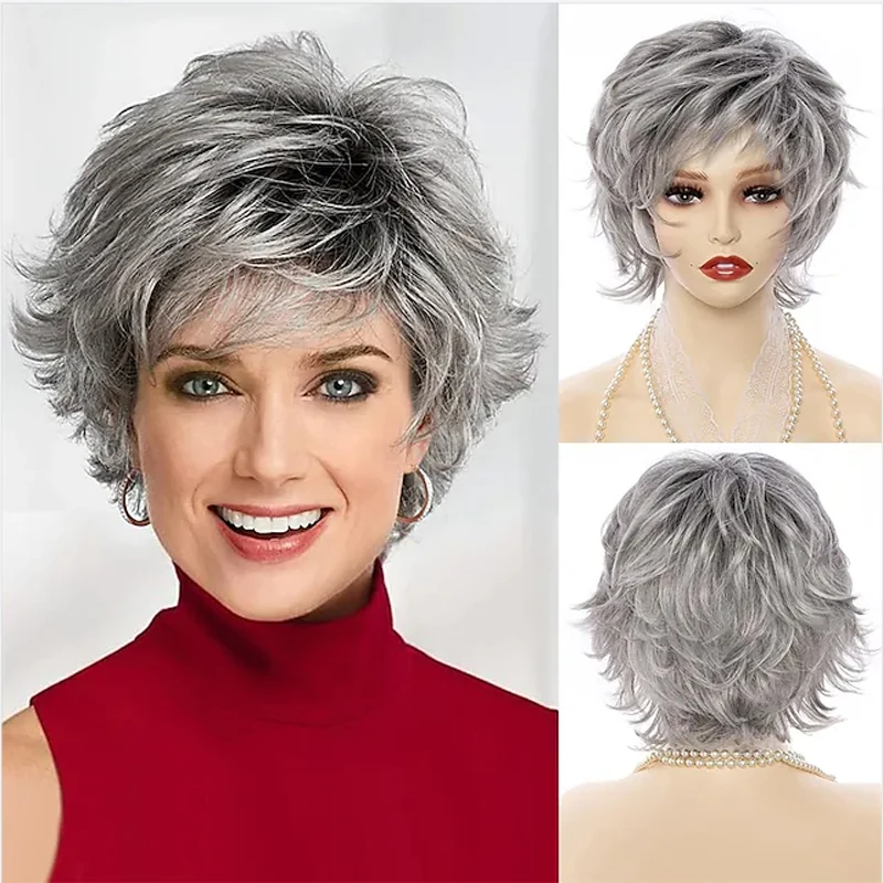 Top Trends: HAIRJOY Synthetic Hair Mix Color For Women Heat Resistant Fiber Daily Short Curly Wigs Gray Fluffy Layered With Bangs Shoppable Styles