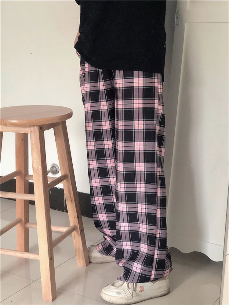 Top Trends: Deeptown Harajuku Pink Plaid Pants Women Japanese Y2K Cute Checked Trousers Oversized Korean Fashion Basic Wide Leg Sweatpants Shoppable Styles