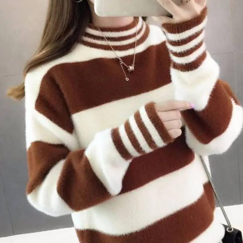 Top Trends: Fashion Half High Collar Striped Loose Casual Sweaters Female Clothing 2023 Autumn Winter New All-match Pullovers Korean Tops Shoppable Styles