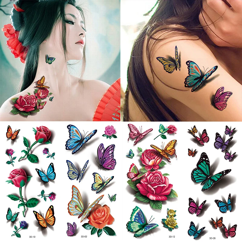 Top Trends: 3D Butterfly Tattoos Sticker For Women Temporary Body Art Tattoo Sticker Rose Flower Feather Tattoo Lady Waterproof Fake Tatoo Shoppable Styles