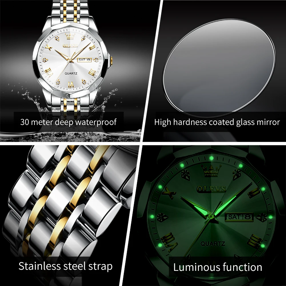 Top Trends: OLEVS Rhombus Mirror Quartz Watch For Men Stainless Steel Waterproof Luminous Date Week Mens Watches Top Brand Luxury Wristwatch Shoppable Styles - Image 2