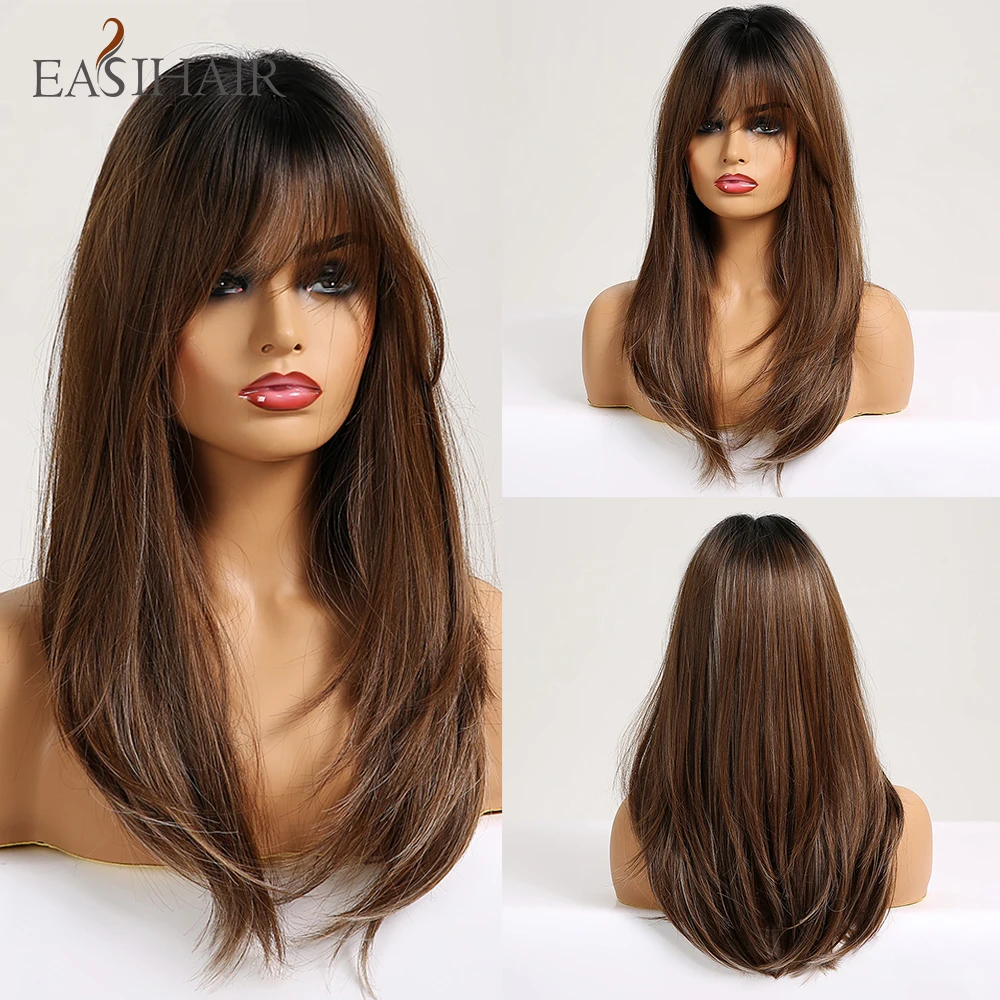 Top Trends: EASIHAIR Long Straight Wigs With Bangs Black To Brown Ombre Synthetic Wigs For Women Daily Natural Hair Wigs Heat Resistant Shoppable Styles