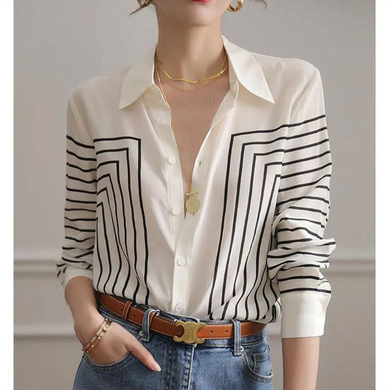 Top Trends: Fashion Printed Lapel Button Loose Striped Shirt Women&#039;s Clothing 2022 Autumn New Casual Tops All-match Office Lady Blouse Shoppable Styles