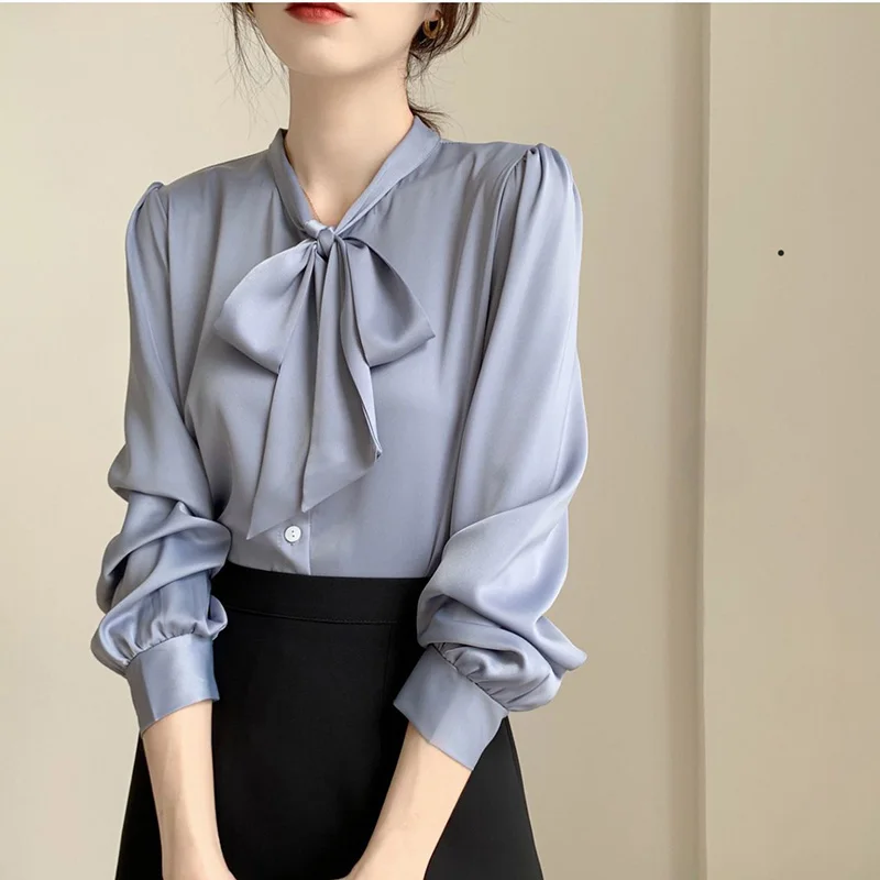 Top Trends: Elegant V-Neck Bow Long Sleeve Loose Satin Blouse Plus Size Spring Autumn Solid Color Tops Fashion Commute Women Clothing Shirt Shoppable Styles