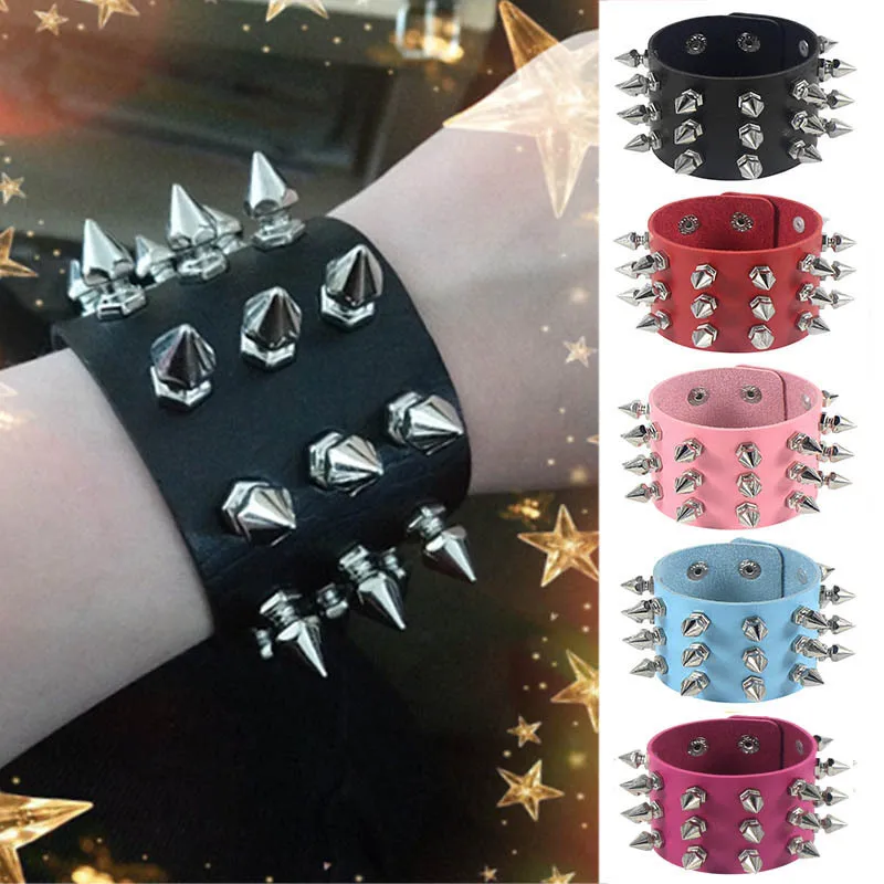 Top Trends: Vintage Leather Bracelet Three Row Cuspidal Spikes Rivet Stud Wide Cuff PU Leather Punk Gothic Rock Unisex Bracelet Men Jewelry Shoppable Styles