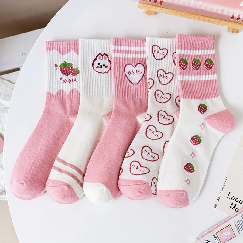 Top Trends: Pink Strawberry Women Socks Cartoon Rabbit Cute Fashion Funny Cotton Socks For Girls College Style Harajuku Kawaii Calcetines Shoppable Styles