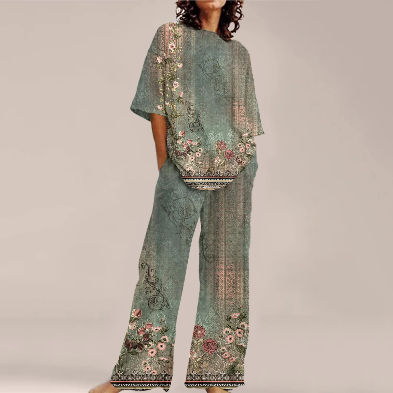 Top Trends: Summer Women Print Loose Sets Round Neck Short Sleeve Top &amp; Wide Leg Pants Suits Causal Streetwear Elegant Office Sets Shoppable Styles