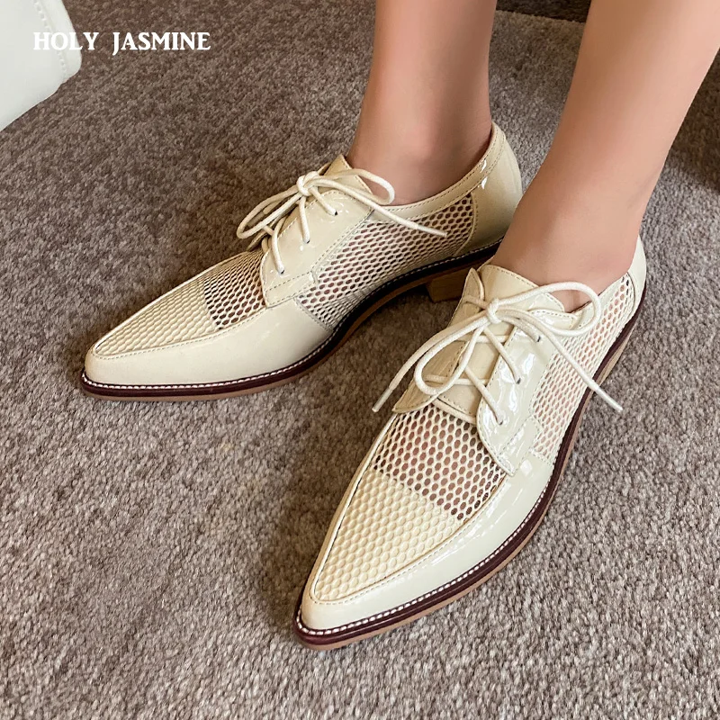 Top Trends: 2023 Spring Net Cloth Oxfords Women Shoes Lace-Up Ladies Brogue Flat Derby Shoes Pointed Toe Lace-up Heels Women Shoes For Women Shoppable Styles