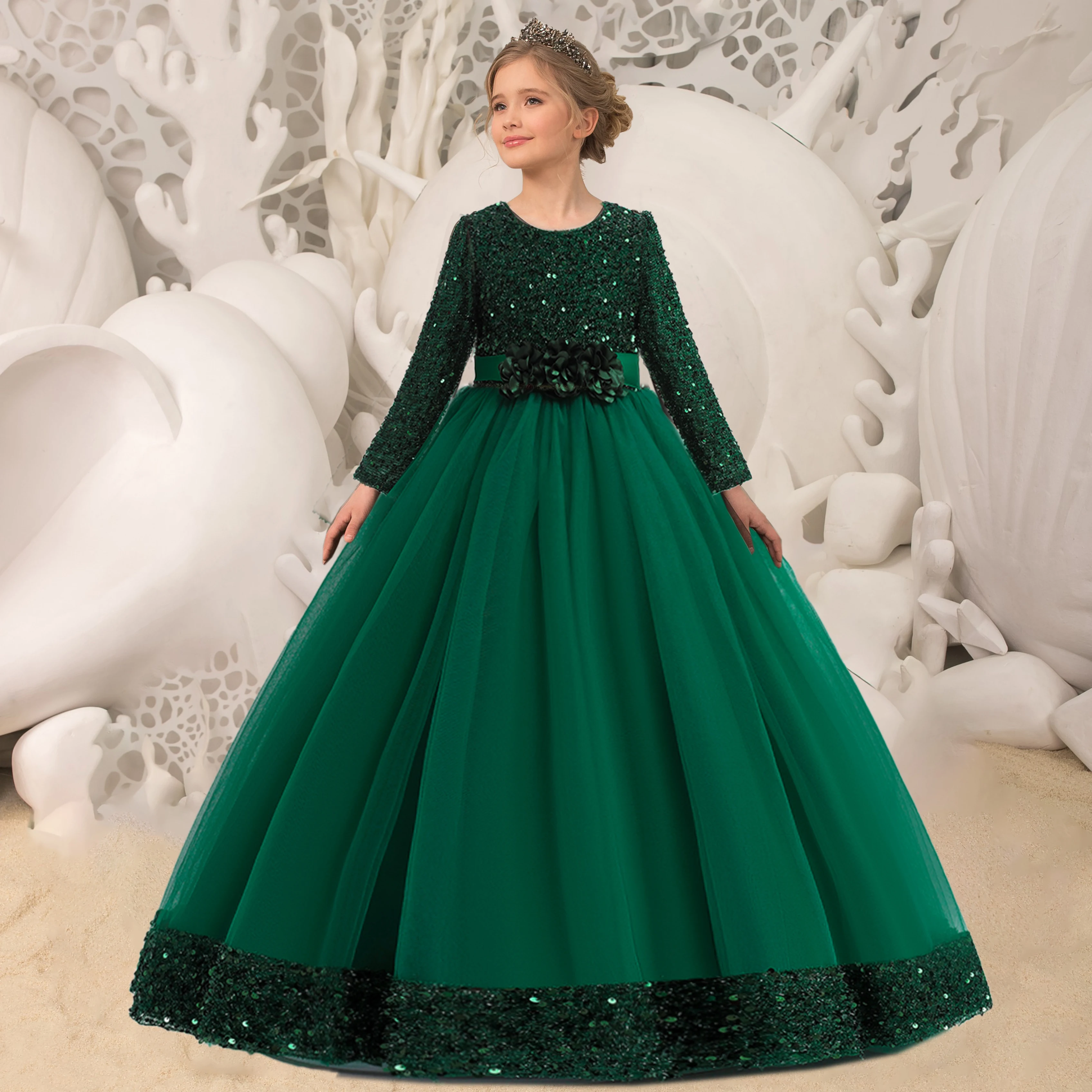 Top Trends: 2024 Sequin Christmas Kids Party Dresses For Girls Bridemaid Costume Flower Long Sleeve Prom Princess Dress Wedding Evening Gown Shoppable Styles