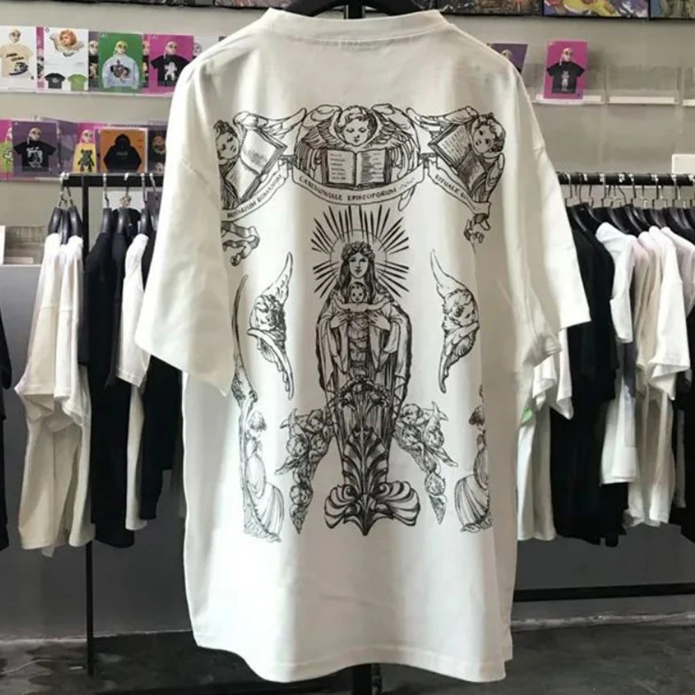 Top Trends: Cotton Casual Short-sleeved T-shirt Men's Hand-painted Virgin Mary College Style Little Angel Trendy Brand Loose And Versatile Shoppable Styles