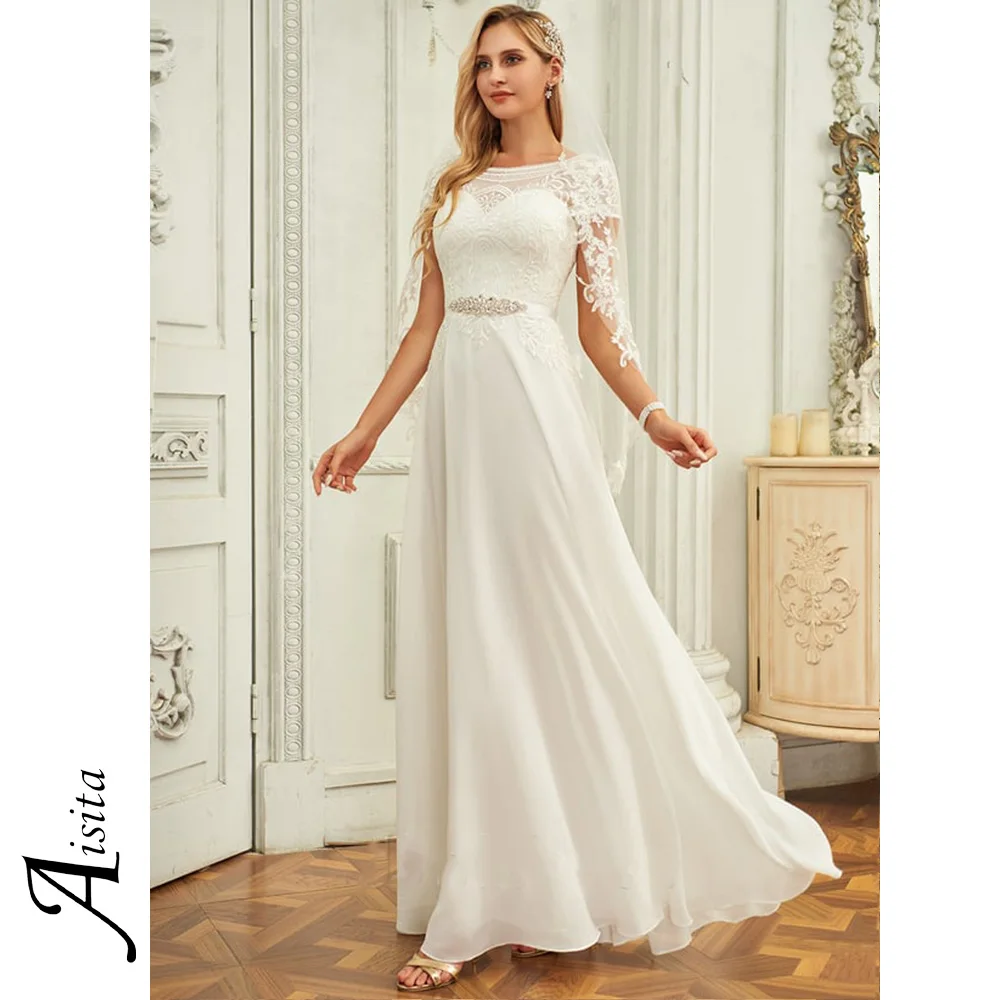 Top Trends: Boho A Line Wedding Dresses Scoop Neck With Sequins Bride Dresses Chiffon Lace Wedding Dresses For Woman Dresses Vestidos Shoppable Styles