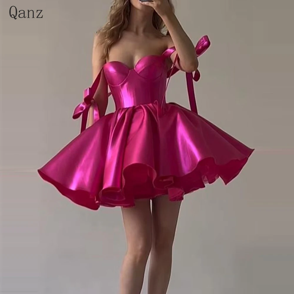 Top Trends: Qanz Short Evening Dresses Prom Gowns Sweetheart Detachable Spaghetti Straps With Bow Mini Club Party Dresses Vestidos De Gala Shoppable Styles