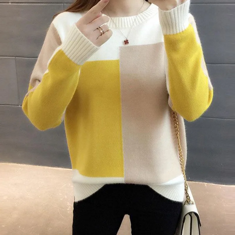 Top Trends: Autumn Women Patchwork Knitted Warm Sweater O-Neck Long Sleeve Sweet Pullovers Women Loose Casual Sweater Winter 2023 Shoppable Styles