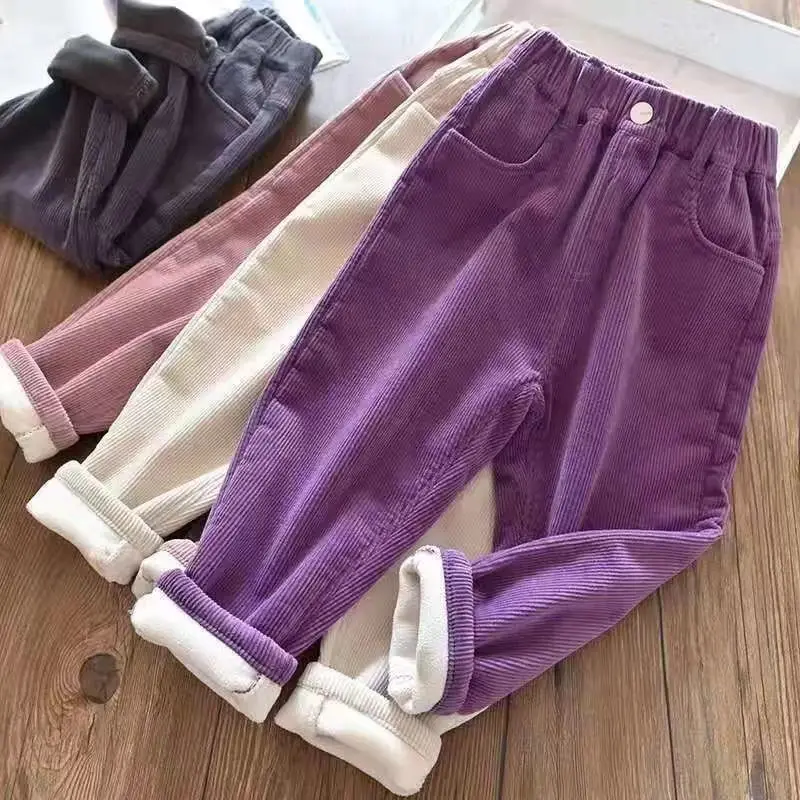 Top Trends: Autumn Winter Corduroy Solid Plus Velvet Kids Pants Harajuku Thick Cute All Match Trousers High Waist Fashion Children&#039;s Clothes Shoppable Styles