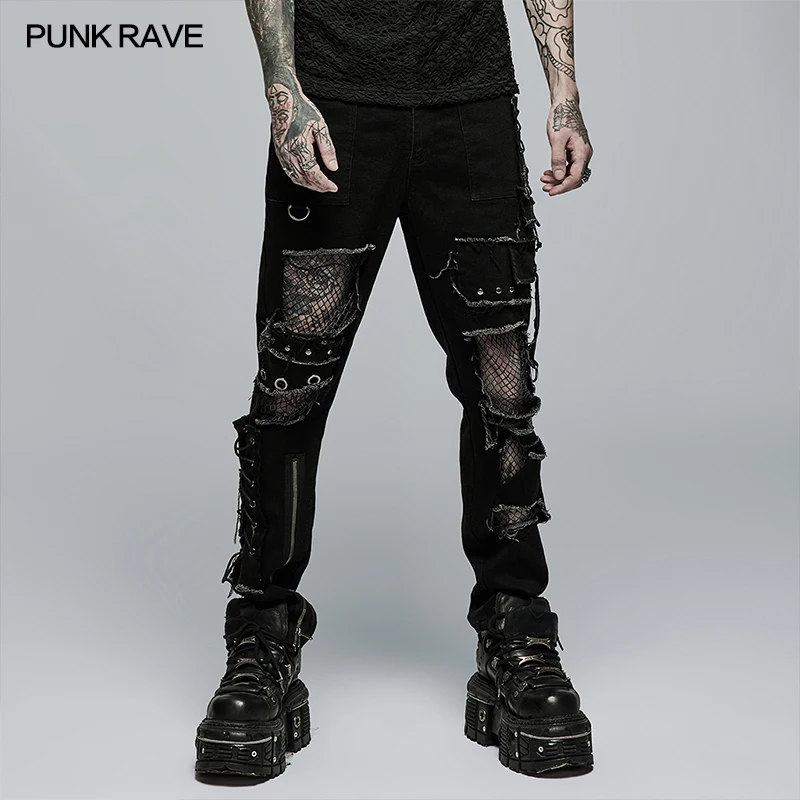 Top Trends: PUNK RAVE New Men's Punk Rock Broken Hole Net Black Long Trousers Gothic Casual Male Motocycle Cotton Denim Pants Visual Kei Shoppable Styles