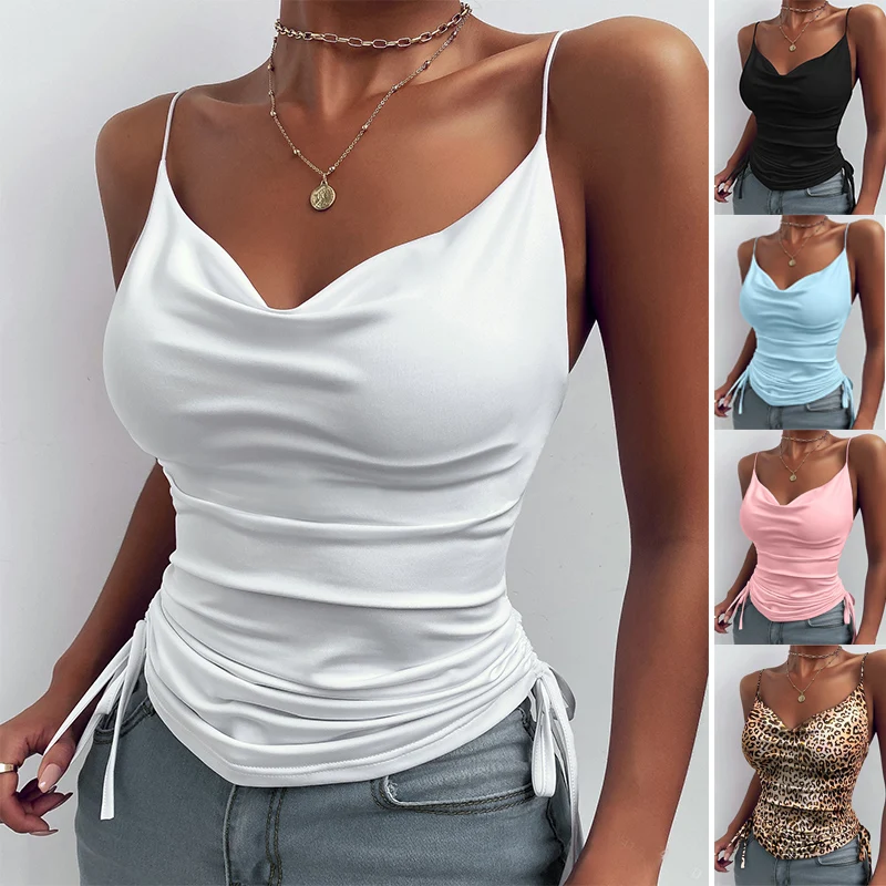 Top Trends: Women Tank Top V Neck Camisole Cami Drawstring Spaghetti Strap Top Loose Sleeveless Blouses Tank Shirt Summer Crop Top Shoppable Styles