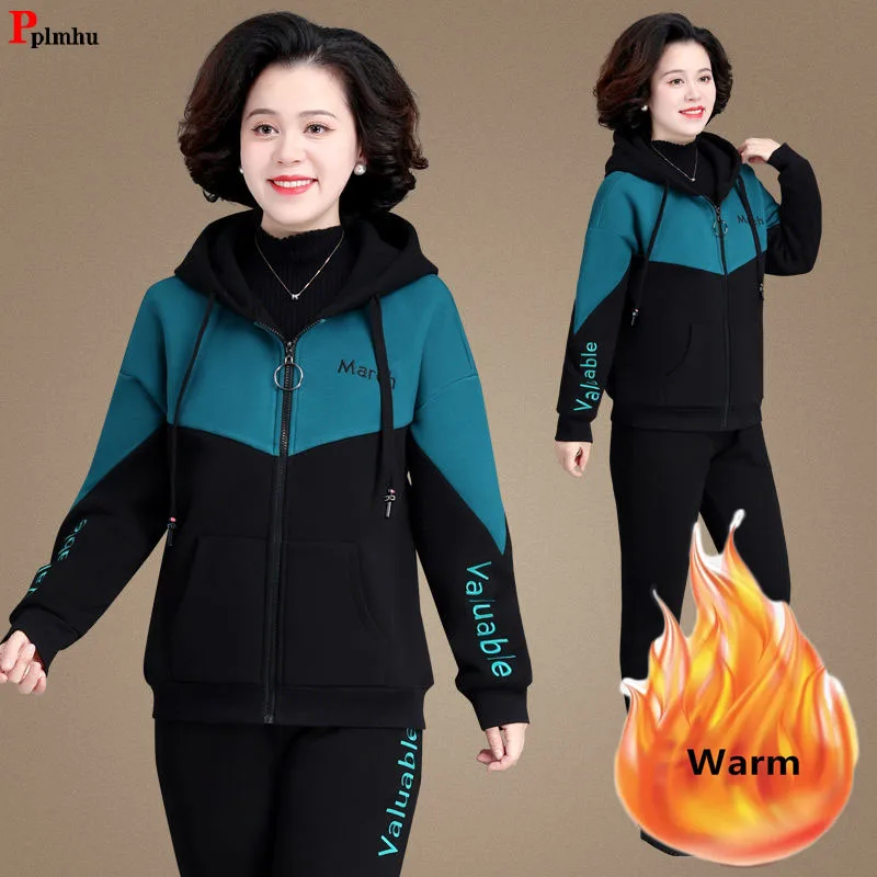 Top Trends: Winter Warm 2 Pieces Sets Hooded Plush Lined Tracksuit High Waist Harem Pants Suit Plush Lined Thick Jogger Woman Outfit Shoppable Styles