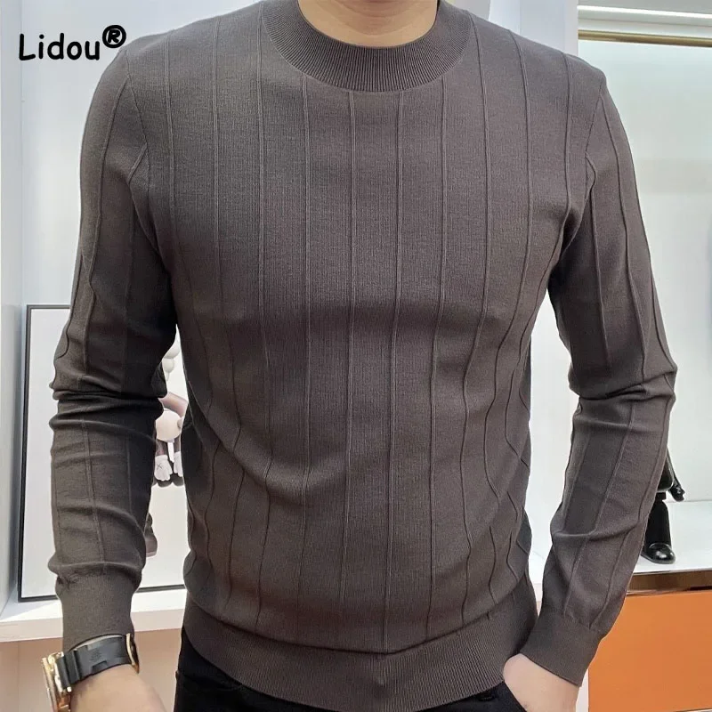 Top Trends: Business Office Fashion Solid Men&#039;s Knitted T-shirt Autumn Winter Casual All-match Round Neck Sweaters Pullovers Male Clothes Shoppable Styles