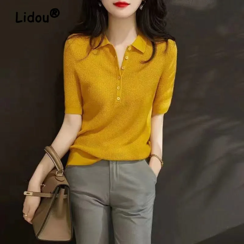 Top Trends: Fashion Solid Color Office Blouse Women New Classic Short Sleeve Button Ornament Polo Collar Lady All-match Pullover Shirt 2023 Shoppable Styles