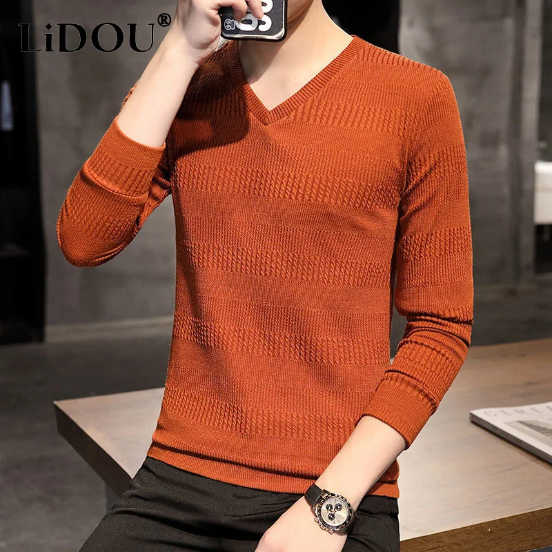 Top Trends: 2023 Spring Autumn New Solid Color Fashion V-neck Sweater Man High Street Long Sleeve Casual Loose Striped All-match Pullovers Shoppable Styles