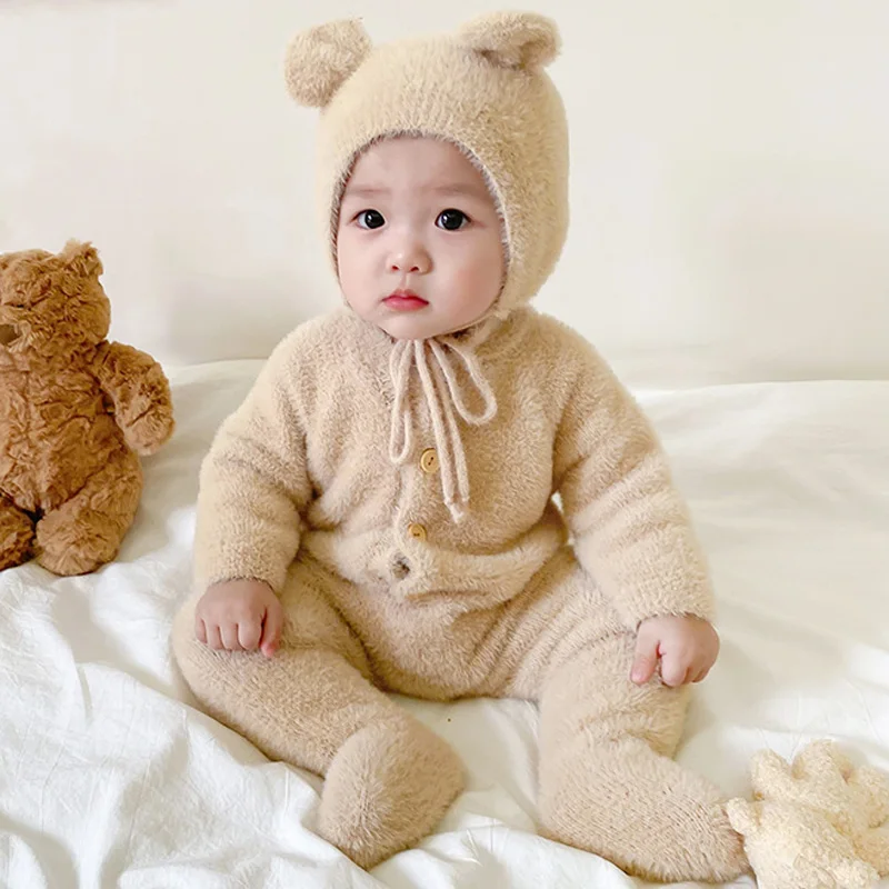 Top Trends: 2Pcs Baby Winter Jumpsuits Hat Faux Fur Footed Newborn Romper For Girls Boys Clothes Soft Warm Toddler Outfit Set Kids Clothing Shoppable Styles