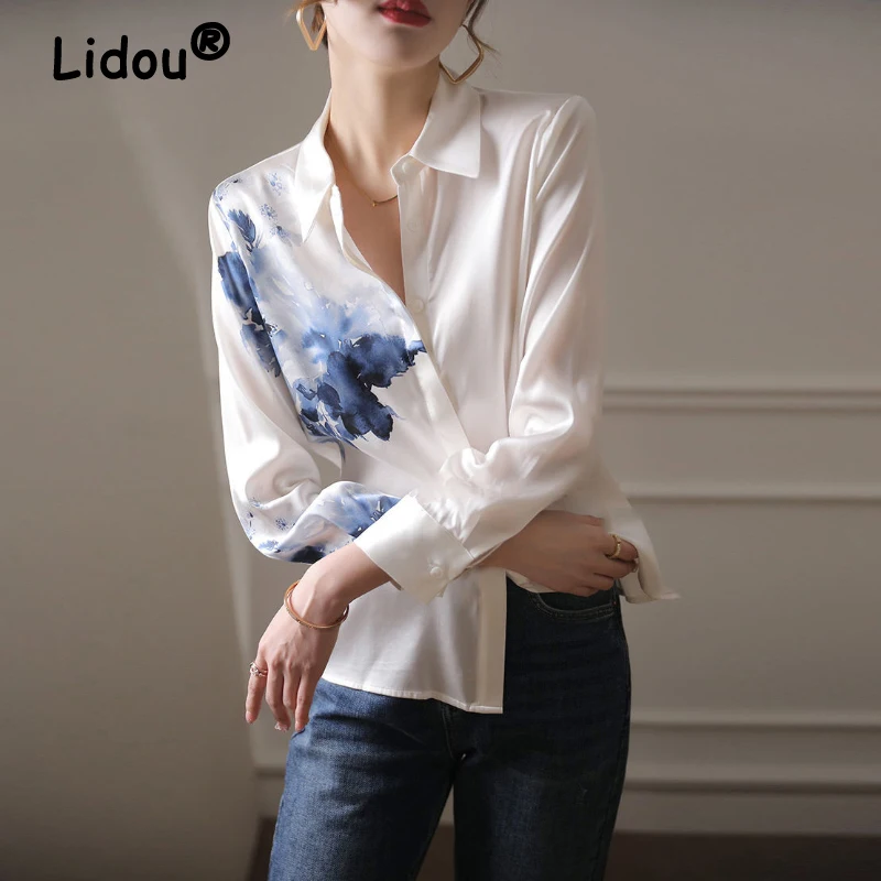 Top Trends: Spring Summer New Vintage Ink Printing Chiffon Shirt Turn-down Collar Long Sleeve Satin Blouse Women's Korean Style Casual Shirt Shoppable Styles