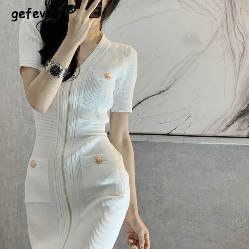 Top Trends: Summer Retro White Pocket Zipper Bodycon Elegant Chic Knitted Dresses Women Fashion Short Sleeve Office Lady Mini Dress Vestidos Shoppable Styles