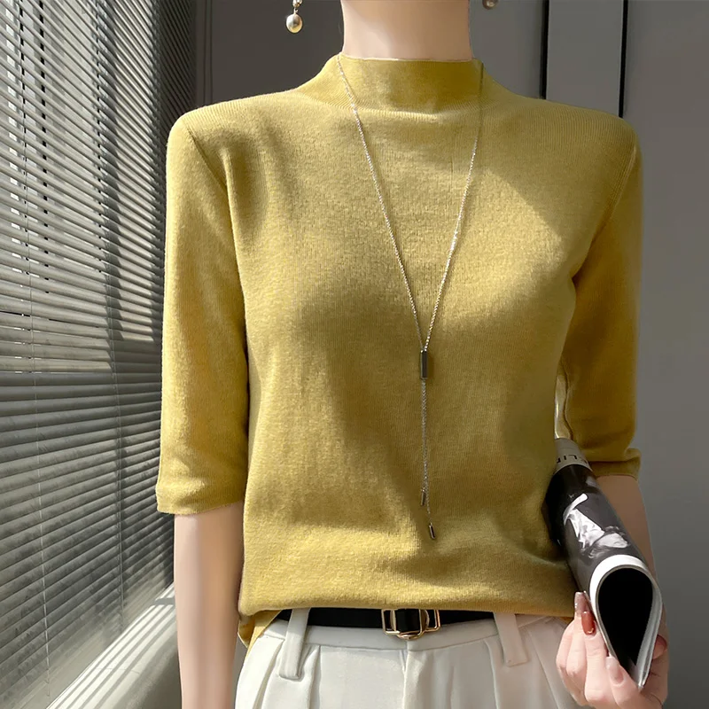 Top Trends: Summer Cashmere Sweater Pullover Solid Color Mock Neck Short Sleeve Knitted Cashmere Sweater Thin Casual Cashmere Short Sleeve Shoppable Styles