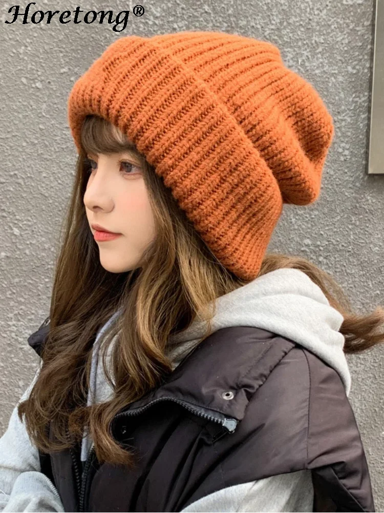 Top Trends: Horetong Winter Knitted Hat Women Korean Fashion Solid Outdoor Warm Beanies All-match Casual Elastic Comfortable Cap 2022 New Shoppable Styles