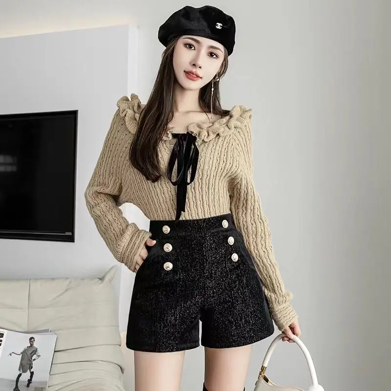 Top Trends: Autumn Winter New Fashion High Waist Black Shorts Solid Color All-match A-line Wide Leg Pants Casual Elegant Women Clothing Shoppable Styles - Image 3