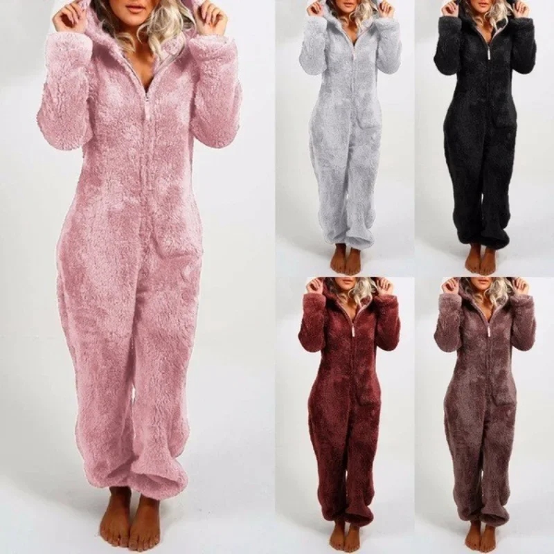 Top Trends: 2023 Winter Plush Thickened Plush Jumpsuit Hooded Sleepwear Women Long-Sleeve Zipper Keep Warm Pajamas Homewear Onesies S-5XL Shoppable Styles