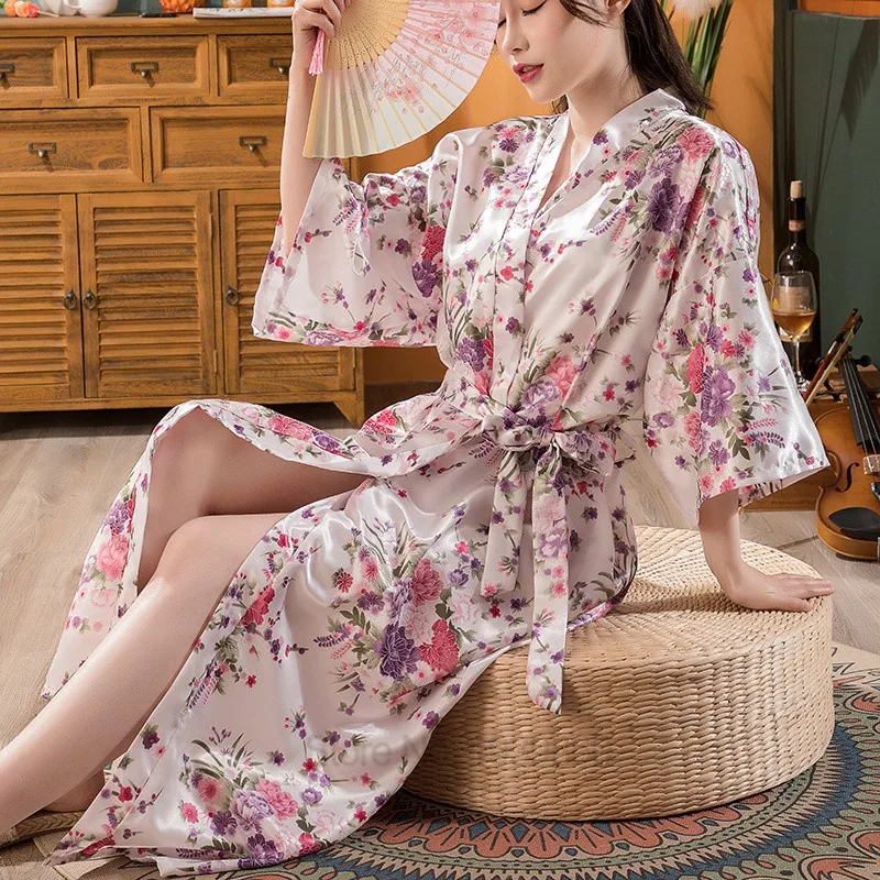 Top Trends: Flower Lady Sexy Robe Sleepwear Plus Size 3XL Long Nightgown Satin Lady Night Dressing Bath Gown Bride Bridesmaid Wedding Kimono Shoppable Styles