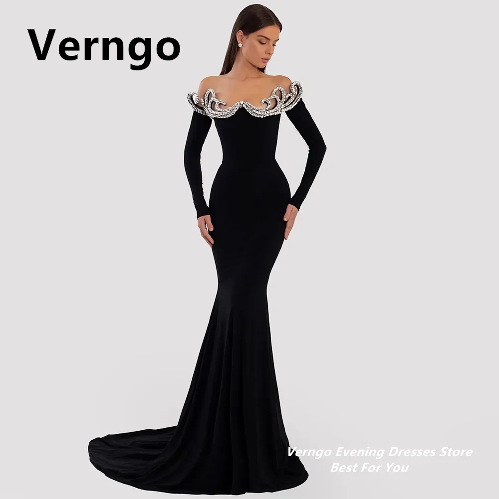 Top Trends: Verngo Black Mermaid Evening Gowns Sweetheart Full Sleeves Party Dresses Crystal Long Formal Gowns Sexy Gala Dress Shoppable Styles