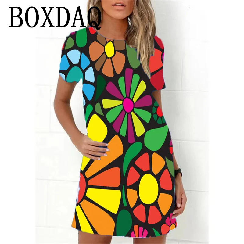 Top Trends: Flower Power Women Dress Retro Hippie 60s Elegant Short Sleeve Loose Dress Casual Fashion Oversize Summer Woman Print Mini Dress Shoppable Styles