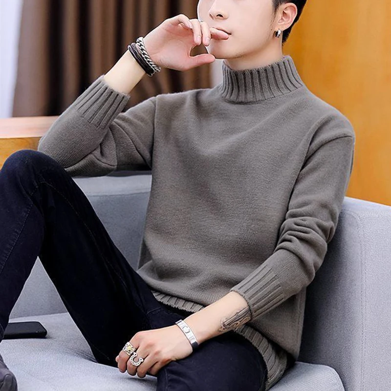 Top Trends: Autumn Winter Half High Collar Solid Color Sweater Men Add Velvet All-match Jumpers Male Casual Fashion Knitting Pullover Top Shoppable Styles