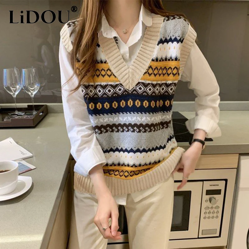 Top Trends: Spring Autumn Loose Casual V-neck Patchwork Sweater Vest Women Sleeveless All-match Knitting Pullover Female Vintage Jumper Top Shoppable Styles