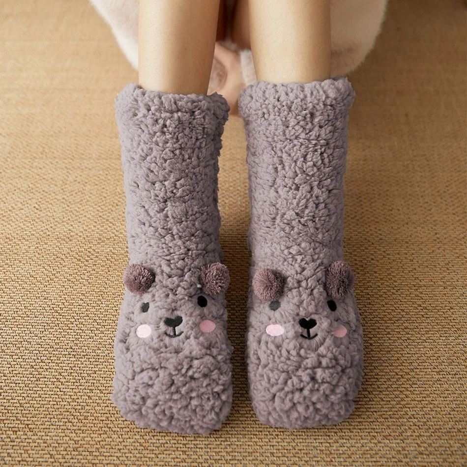 Top Trends: Women Kawaii Bear Socks Fuzzy Sleeping Warm Winter Coral Fleece Home House Slippers Cute Soft Fluffy Thermal Socks Ladies Female Shoppable Styles