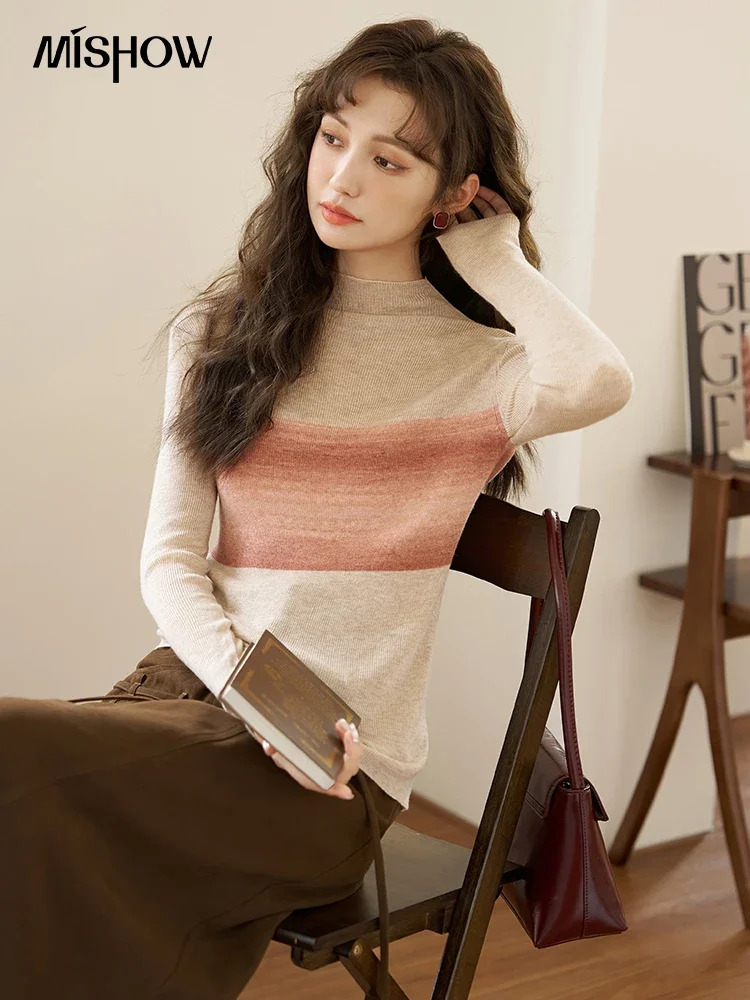 Top Trends: MISHOW Women's Knitted Mock Neck Long Sleeve Sweater Shirt 2023 Autumn Vintage Pullover Contrast Office Lady Slim Top MXC45Z0249 Shoppable Styles