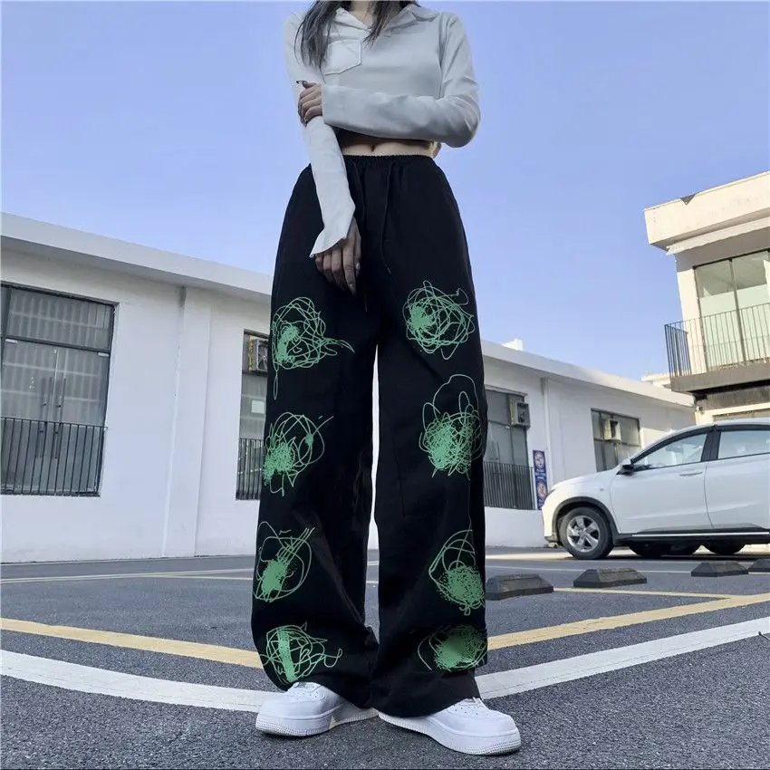 Top Trends: Hip Hop Women Green Graffiti Print Casual Pants Spring Autumn Vintage New Pocket Elastic Waist Streetwear Fashion Loose Trousers Shoppable Styles