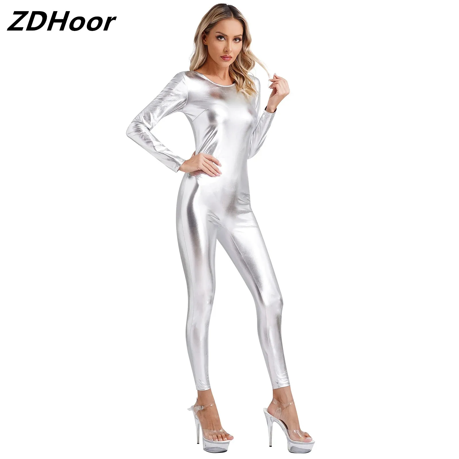 Top Trends: Womens Metallic Shiny Unitard Dancewear Round Neck Long Sleeve Slim Fit Full Body Bodysuit One Piece Clubwear Festival Costumes Shoppable Styles