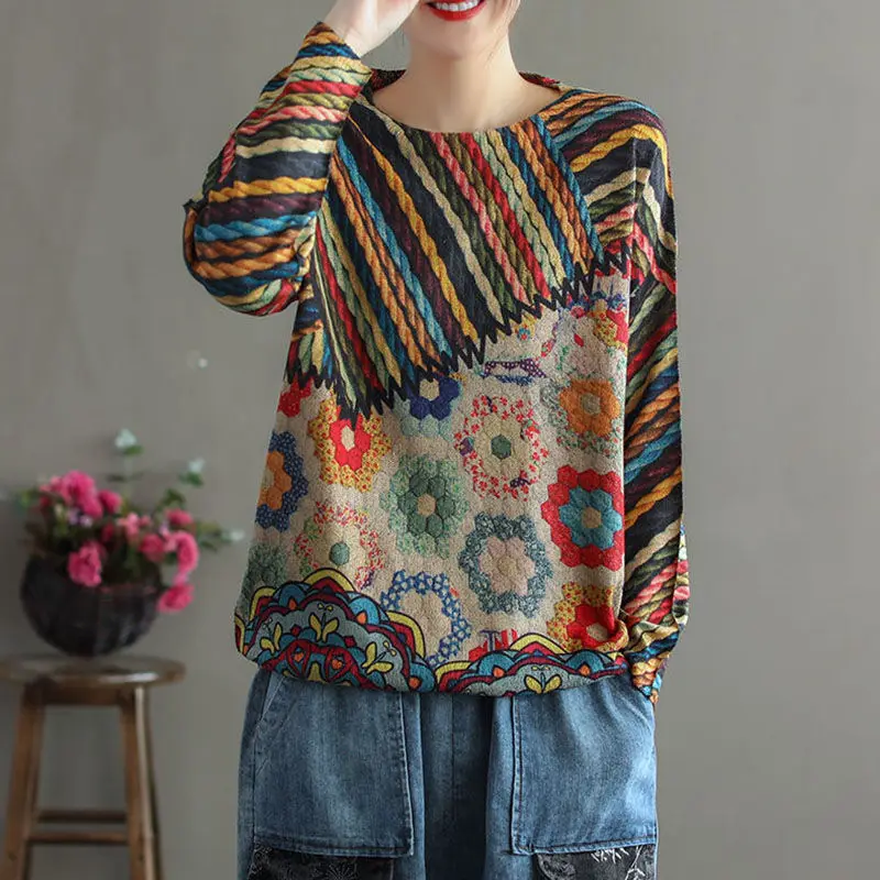 Top Trends: 2023 Autumn And Winter Fashion Trend Art Retro Round Neck Print Stripes Loose Relaxed Lazy Style Knitted Bottom Women&#039;s Sweater Shoppable Styles