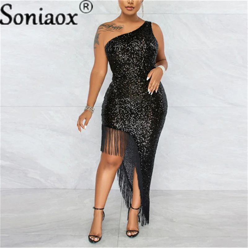 Top Trends: Women Sexy One Shoulder Solid Shiny Sequin Fringe Dress Ladies Tassel Irregular Slit Elegant Evening Prom Party Dress 2022 New Shoppable Styles - Image 5