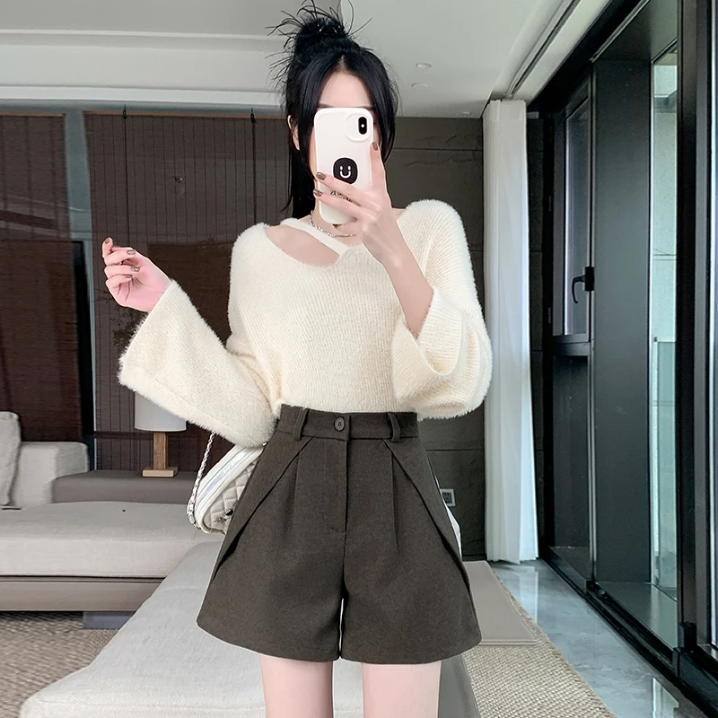 Top Trends: Tweed Shorts Women Korean Style Solid Color High-waisted Thin Wide Leg Loose Shorts Office Lady Fashion Basics Daily Streetwear Shoppable Styles