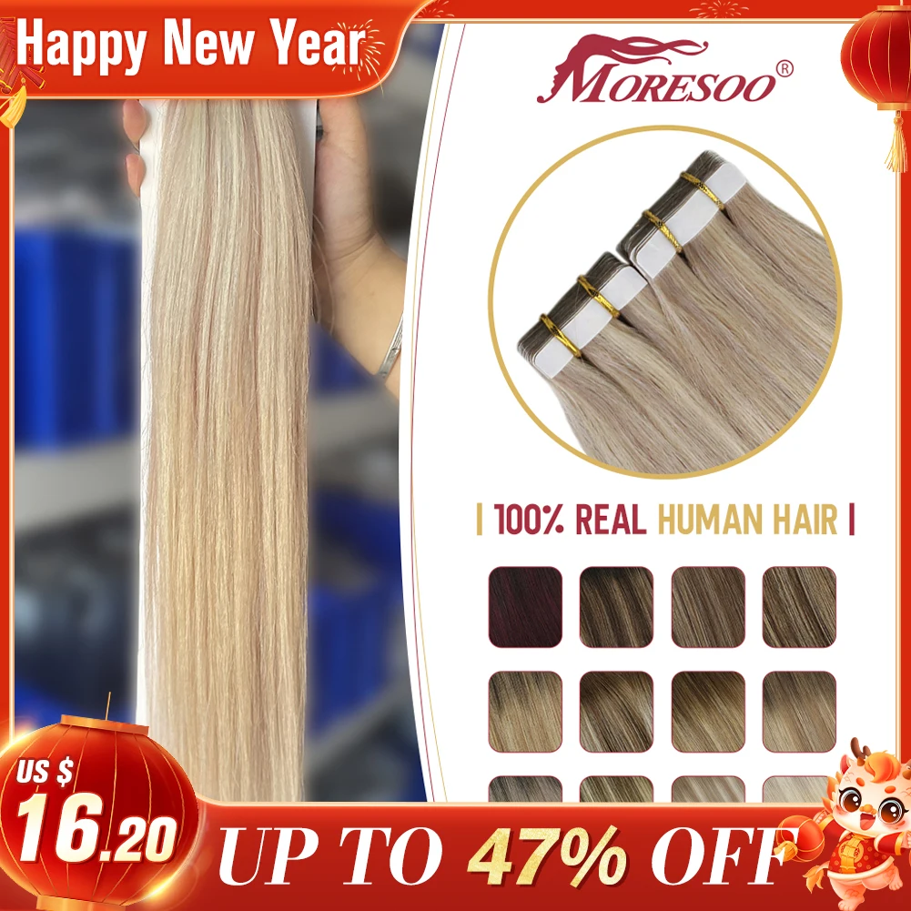 Top Trends: Moresoo Human Hair Extensions Tape In Remy Ash Blonde Highlight Hair Silky Straight Hair Extensions 100% Real Tape In Human Hair Shoppable Styles