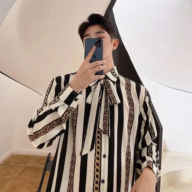 Top Trends: 2023 Men&#039;s Clothing Straight Turn-down Collar Loose Long Sleeve Button Striped Printing Shirts Spring Summer Thin Casual Korean Shoppable Styles