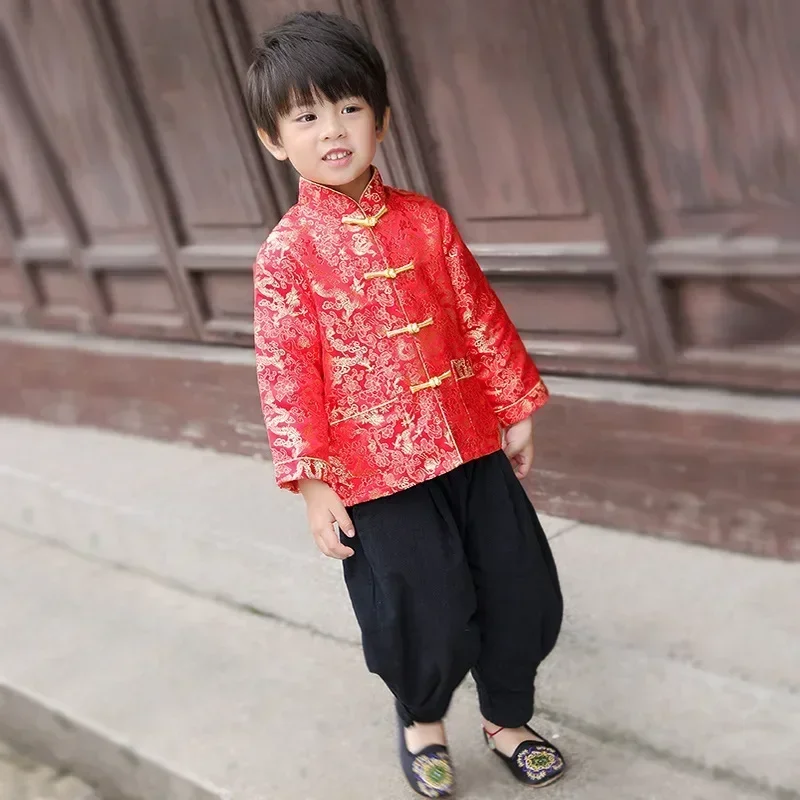 Top Trends: Chinese New Year Clothes For Kids Spring Costumes Baby Boys Tang Suit Clothes Satin Coat Dragon Printing Tops Pants Wushu Set Shoppable Styles - Image 2