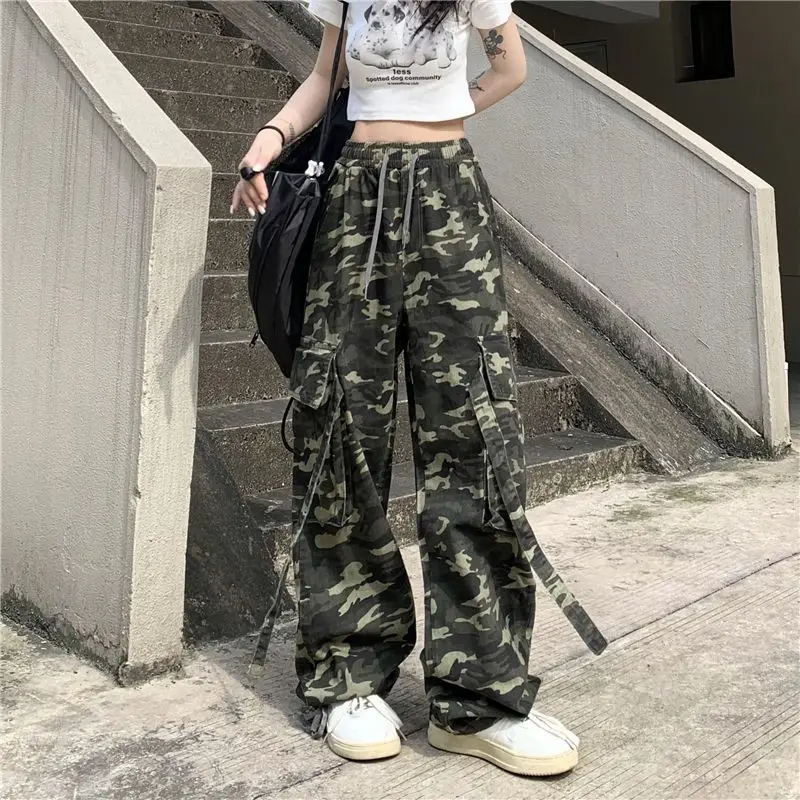 Top Trends: American Women Camouflage Pants Overalls Students Loose Autumn Fashion Straight High Waist Drawstring Pockets Wide Leg Trousers Shoppable Styles